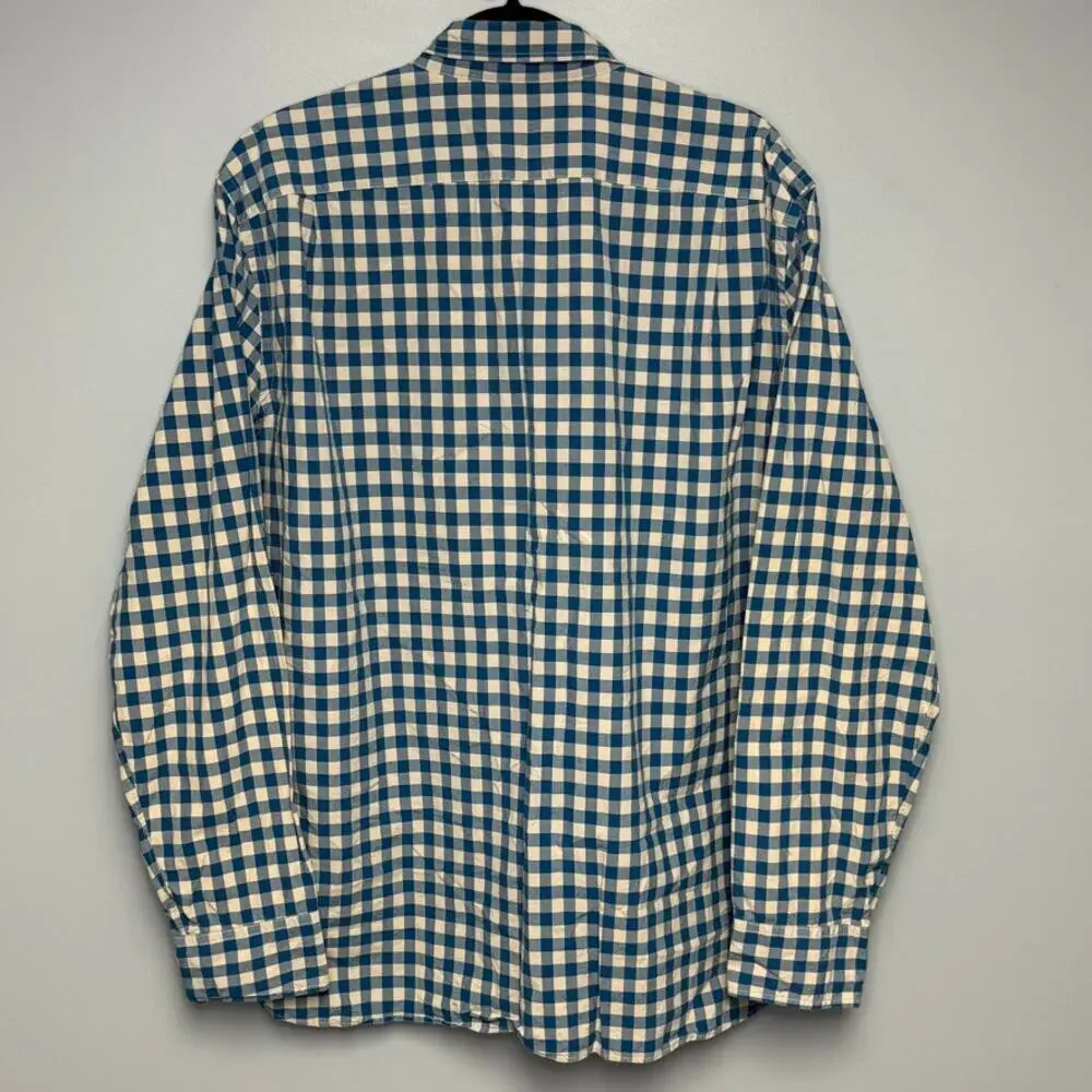 J.Crew Blue Tan Gingham Plaid Cotton Button-Up Casual Dress Shirt‎ Mens Sz XL